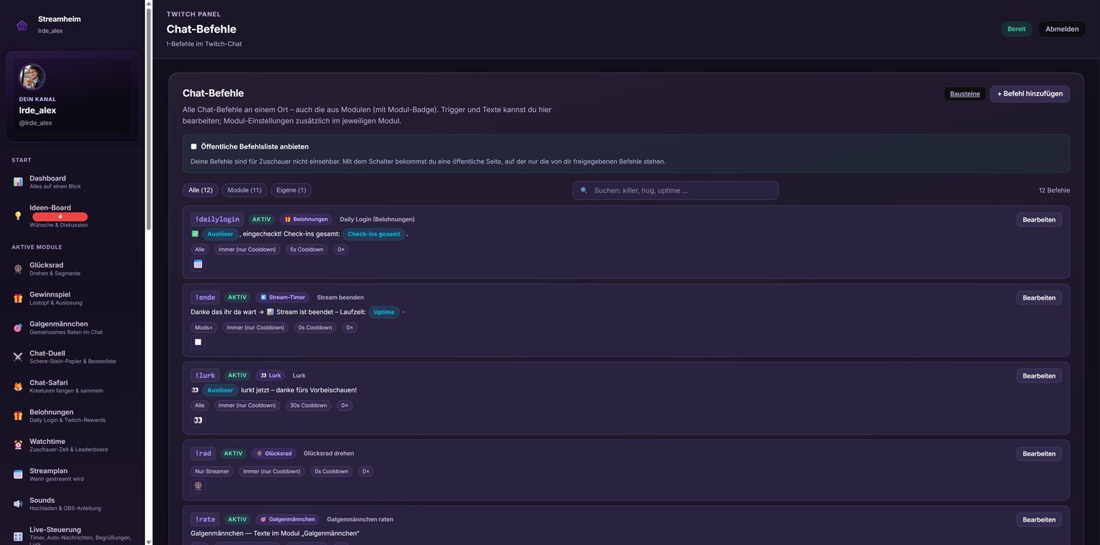 Das Streamheim-Panel: Liste der Chat-Befehle mit Modul-Kennzeichnung, Berechtigung und Cooldown