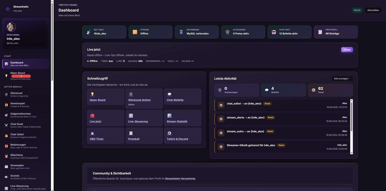 Das Streamheim-Panel: Dashboard mit Statuskacheln, Schnellzugriff und letzter Aktivitaet